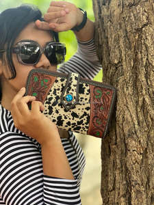 Nuevo estilo occidental Animal Print Tooled Fur Leather Clutch Mujeres Diseñado Monedero Venta caliente Elegante Único Turquesa Piedra Carteras - Product Image 4