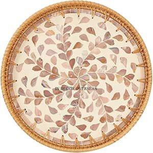 Mère de perle travail mosaïque perlée aspect attrayant forme ronde meilleure qualité en bois fait plateau de service ustensiles de cuisine accessoires - Product Image 1