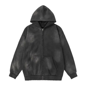 Sweat à capuche sans cordon en molleton personnalisé, fermeture éclair, vintage, double couche, délavé à l'acide, délavé au soleil, déchiré, pour hommes - Product Image 5