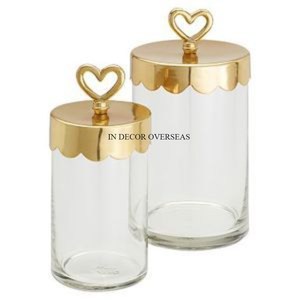 Recipiente de almacenamiento de frutas secas y dulces con forma de cilindro de vidrio transparente de calidad superior con tapa superior de Metal con diseño de corazón chapado en oro - Product Image 1