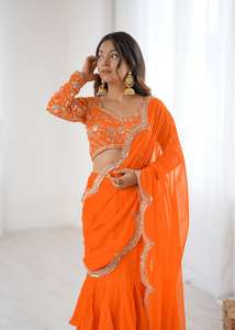 Lehenga Saree Orangy Listo para Usar, Lehenga Saree con Volantes y Drapeado, Lehenga Saree de Faux Georgette con Bordado de Hilo y Lentejuelas - Product Image 2