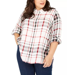 Top da donna Tommy Hilfiger taglie forti con maniche roll-tab, a quadri bianchi, abbottonato sul davanti, taglia 1X, in rayon - Product Image 1