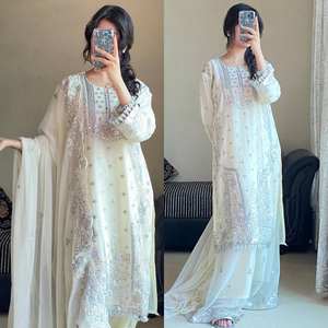 Conjunto de traje Sharara de seda Simmer, ropa de fiesta India paquistaní lista para usar, ropa de boda tradicional cosida Salwar Kameez Dupatta - Product Image 1