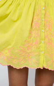 Robe mini bohème jaune à motif cachemire brodé à la main, col en V, manches courtes à pompons, taille ample, 100 % coton, automne, écologique - Product Image 4
