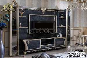 Meuble TV en bois sculpté de style américain avec vitrine, meuble TV de style italien assorti à la vitrine, finition dorée, meubles TV sculptés à la main, États-Unis - Product Image 5