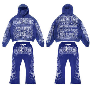 Venta al por mayor de gran tamaño de invierno Premium Unisex chándal de algodón de peso pesado gráfico crudo dobladillo satén pantalones de chándal y conjuntos de Sudadera con capucha - Product Image 3