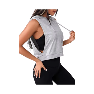 Femmes 100% coton sans manches à capuche Crop débardeur ouvert côté entraînement vêtements de sport Hip Hop Style respirant court pour l'hiver avant - Product Image 1