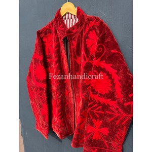 Maroon Velvet Floral Embroidered Suzani Quilted Quick Dry Women's Vintage Party Wear Jackets Hand <b>Stitch</b> Cotton Lining Two Side - Product Image 4