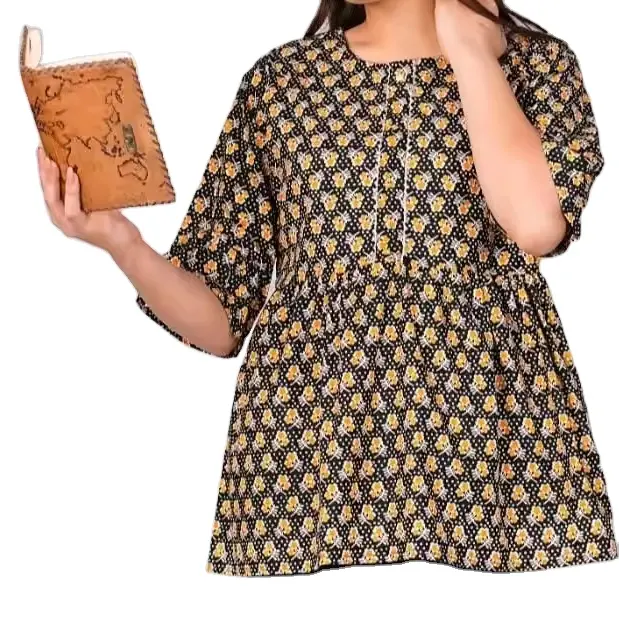 Top Quality Cotton Floral Printed Top Beautiful Fashionable Frock Style Top with Lace Design on Neck for Girls and Women