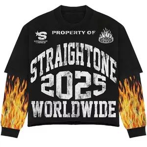 T-shirt graphique sérigraphié personnalisé du fabricant OEM T-shirt à manches longues double couche poids lourd 100% pour hommes - Product Image 4