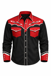 Chemise de cowboy à manches longues brodée, boutonnée, style vintage décontracté, coupe ajustée, passepoil contrastant, personnalisable OEM, unisexe, style western - Product Image 1