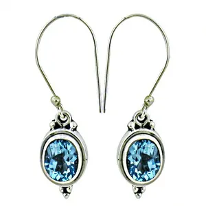 Boucles d'oreilles pendantes vintage tendance pour femme en argent 925, topaze bleue, diamant, bijoux en argent avec pierres précieuses, fleur dorée classique pour mariage - Product Image 1