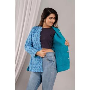 <b>Feather</b>-Decorated Women's Short Blue Quilted Jacket-Boho Style Floral Pattern Winter Coating XL Size - Product Image 3