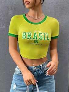 Verano Casual algodón Spandex cuello redondo bebé camiseta gran oferta Slim Fit manga raglán contraste encuadernación Ringer recortada camiseta Mujer - Product Image 5