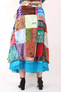 Falda Sari de seda de doble capa para mujer, falda multicolor asimétrica envolvente, corbata en la cintura, decoración fruncida, ajuste ajustado para informal - Product Image 4