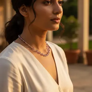 Women's Trendy 925 Silver Rose Quartz Beaded <b>Necklace</b> <b>Gold</b> Plated with Diamond <b>Pearl</b> for Wedding or Religious Occasions Gift - Product Image 2