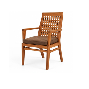 Fauteuil d'extérieur en teck massif avec dossier en treillis et coussin marron, mobilier de jardin pour hôtel et complexe hôtelier - Product Image 1