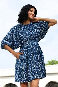 Nuevo nivel de sofisticación para mujer Handblock impreso elegante cintura plisada Algodón puro exquisito motivo niñas vestido índigo - Product Image 2