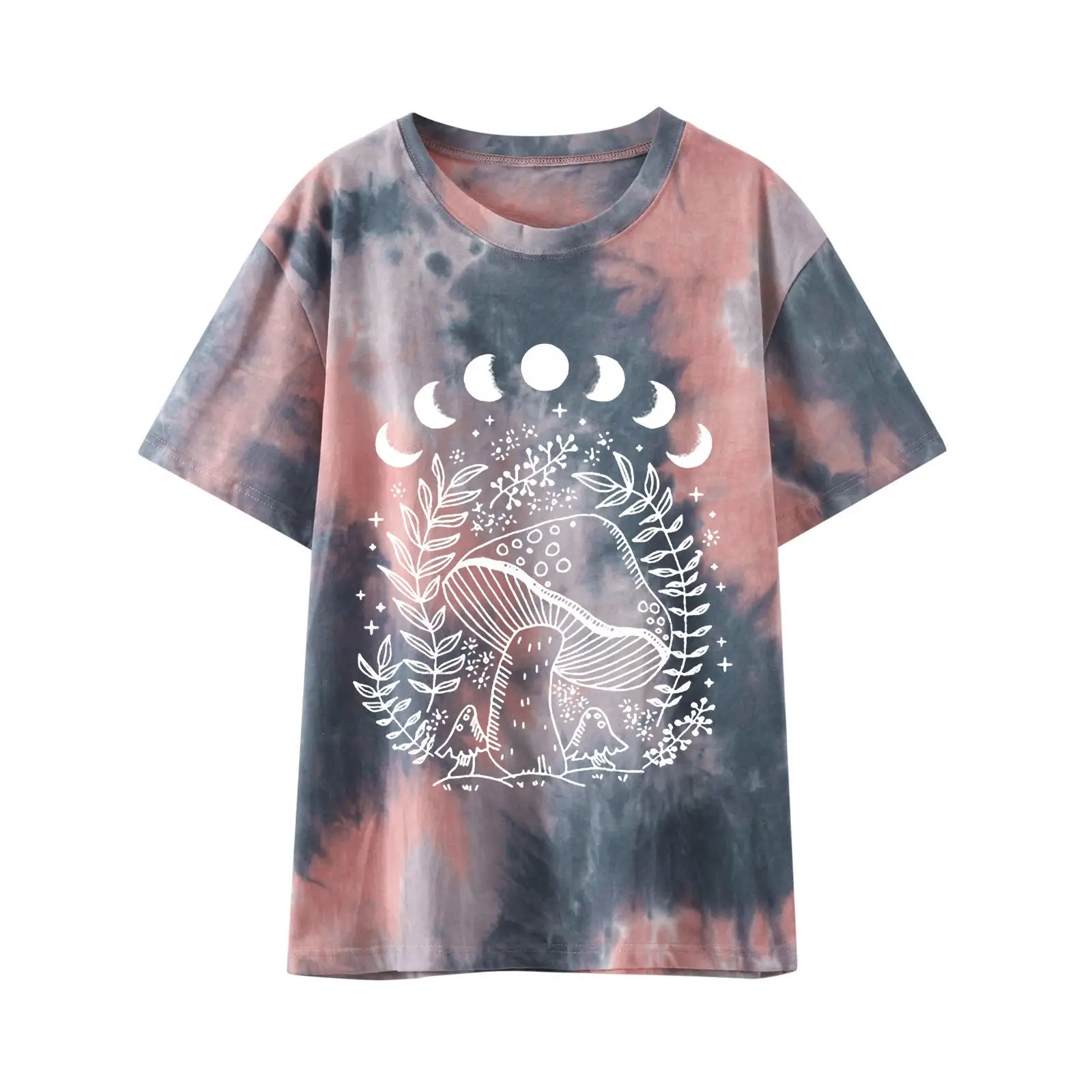 Sun and Moon Tie Dye Tops for Women Mushroom Printed Short Sleeve Shirts Y2k Aesthetic Tees Tops for Teens Girls
