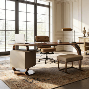 Walnut Engineered Wood Oval Executive Computer <b>Desk</b> for Office Home Study Spacious Work Surface - Product Image 3