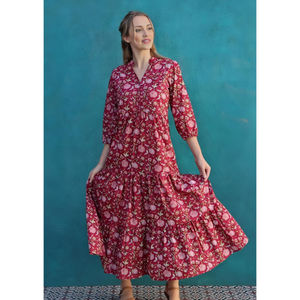 Robe longue à volants avec manches longues en coton cranberry - Product Image 2