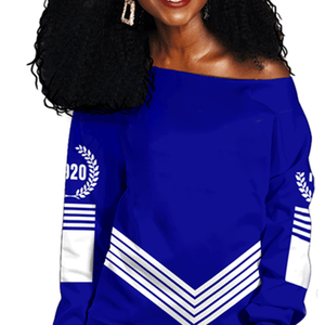 Greek Sorority Off-Shoulder Top-Sudadera de manga larga con hombros caídos en azul y blanco, suéter de mujer estilo Sorority para mujer - Product Image 3