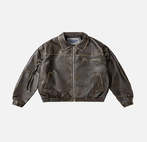 Blouson aviateur en simili cuir marron vintage avec surpiqûres contrastées et détails zippés, à prix de gros. - Product Image 1