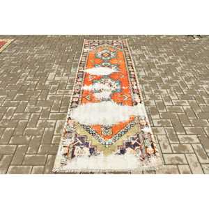 2.8x8.7 ft Vintage <b>Rug</b>, Turkish <b>Runner</b> <b>Rug</b>, Orange Blue Animal Print <b>Rug</b> - Product Image 1
