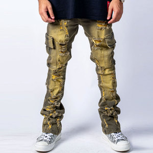 <b>Mens</b> Cargo <b>Jeans</b> Ripped Distressed Denim Pants Multi Pocket Streetwear Slim Fit Stylish Fashion Casual Trendy Trousers - Product Image 1