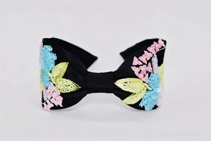 Elegant Floral Embroidery Handmade Hair Accessories with Colorful Beaded Detailing <b>Black</b> Padded Knotted Fashion Custom <b>Headband</b> - Product Image 3