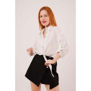 Chemisier à manches longues rayé blanc avec détail de nœud pour femme Lustrin - Chemise décontractée en mélange viscose et lin pour la vente en gros - Product Image 2
