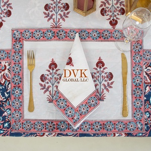 Vente en gros de couverture de table à fleurs bleues imprimées en bloc pour banquets, chemin de table d'hôtel, nappe en coton brodé de style bohème - Product Image 6