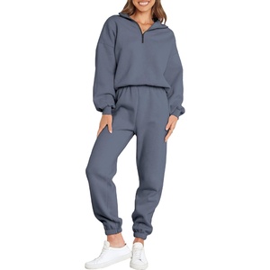 Conjuntos de Jogger de 2 piezas de algodón 100% de peso pesado para mujer, ajuste holgado, media cremallera, botón de hombro caído y decoración de cremallera para Winter2026 - Product Image 2