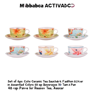Set of 6 ceramic tea <b>cups</b> and <b>saucers</b>, FLOWERS, Assorted colors, Art 40 - Product Image 2