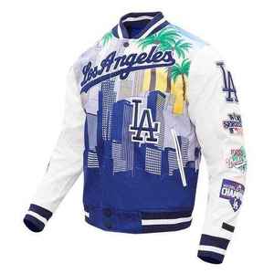 Novedad: Chamarra Universitaria LA Dodgers Remix para Hombre, Chamarra Casual Contemporánea de Satén con Botones y Forro Polar con Cierre de Cremallera - Product Image 1