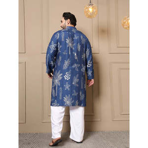 Kurta pour homme Amanush en nylon bleu imprimé oiseaux tropicaux, grande taille, col mandarin, manches trois quarts, coupe ample, tenue d'été - Product Image 4