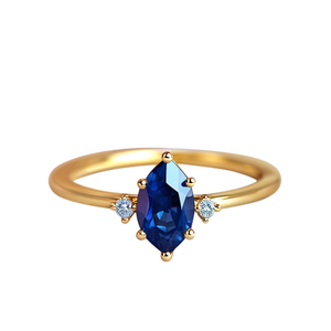Anillo de oro macizo de 14K con piedra preciosa de zafiro azul en forma de marquesa y anillo de diamante natural - Product Image 1