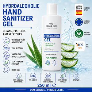 Gel désinfectant pour les mains hydroalcoolique à l'aloe vera en marque privée 250 ml OEM |   Gel désinfectant instantané sans rinçage |   Espagne UE - Product Image 1