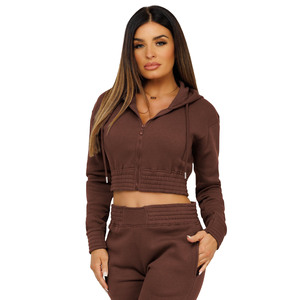 Sweat-shirts décontractés courts en tissu uni brun délavé pour femmes, sweat-shirts amples, pantalons de survêtement, ensembles de survêtement 2 pièces, logo personnalisé - Product Image 4