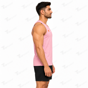 Camiseta sin mangas rosa para hombre, cuello redondo, deportiva, de secado rápido, poliéster, para entrenamiento, gimnasio, con logo impreso en la parte delantera. - Product Image 3