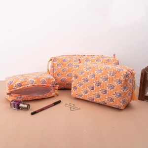 Fabric Eco-Friendly Cotton Cosmetic Bags Zipper Closure Hand Block Print Water Resistant Washable Reusable Vintage Travel <b>Makeup</b> - Product Image 2