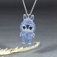 Pendentif Solitaire Tendance en Argent Sterling 925 Plaqué Rhodium, Forme Inspirée Labubu, Sertissage Clos de Zircon Cubique Rose, Breloques Tendance