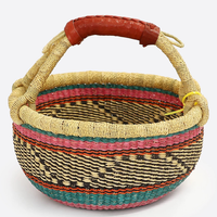 Panier Bolga africain fait main en jonc de mer naturel avec poignée en cuir – Rangement décoratif et essentiels pour pique-nique, rangement domestique