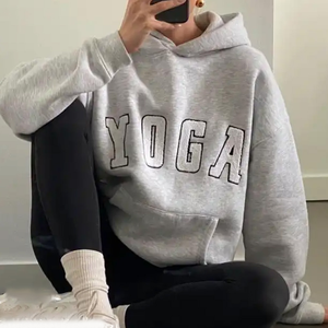 Nueva Sudadera Informal Gris con Letras YOGA Bordadas, Sudadera Holgada con Capucha para Mujer, Otoño/Invierno, Personalizable por Delante - Product Image 4