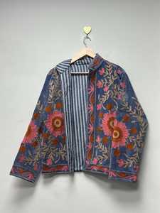 Floral Embroidered Velvet Suzani Jacket Handmade Indian Style Coat Velvet Suzani Jacket Boho Floral <b>Duster</b> Coat - Product Image 6