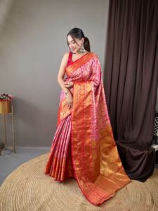 Ropa de fiesta de calidad de diseñador Kanjivaram Semiseda Sarees Traje de tendencia Blusa de lujo Trabajo de tejido para adultos-Mayorista DE LA India - Product Image 4