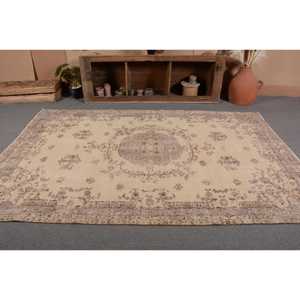 Vintage Turkish Rug 5.8x9.1ft Beige <b>Brown</b> Flat Weave <b>Wool</b> with Patchwork Pattern for Living Room Decorations or Hallway Use - Product Image 4