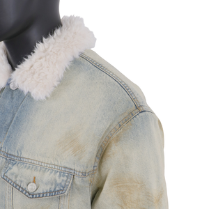 TOPSHOW Designer Custom Heavyweight Cotton Fur Collar Acid Washed <b>Vintage</b> Crop Denim <b>Jacket</b> for Men - Product Image 4