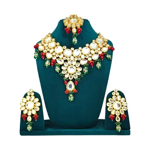 Handmade Meenakari Kundan Green <b>Studded</b> Beaded Necklace Set for Weddings - Product Image 1