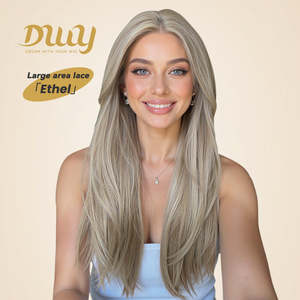 Peluca Larga y Lisa Marrón Ethel-DWY con Frente de Encaje Transparente 13x6, con Reflejos, Sin Pegamento, Cabello Sintético - Product Image 1